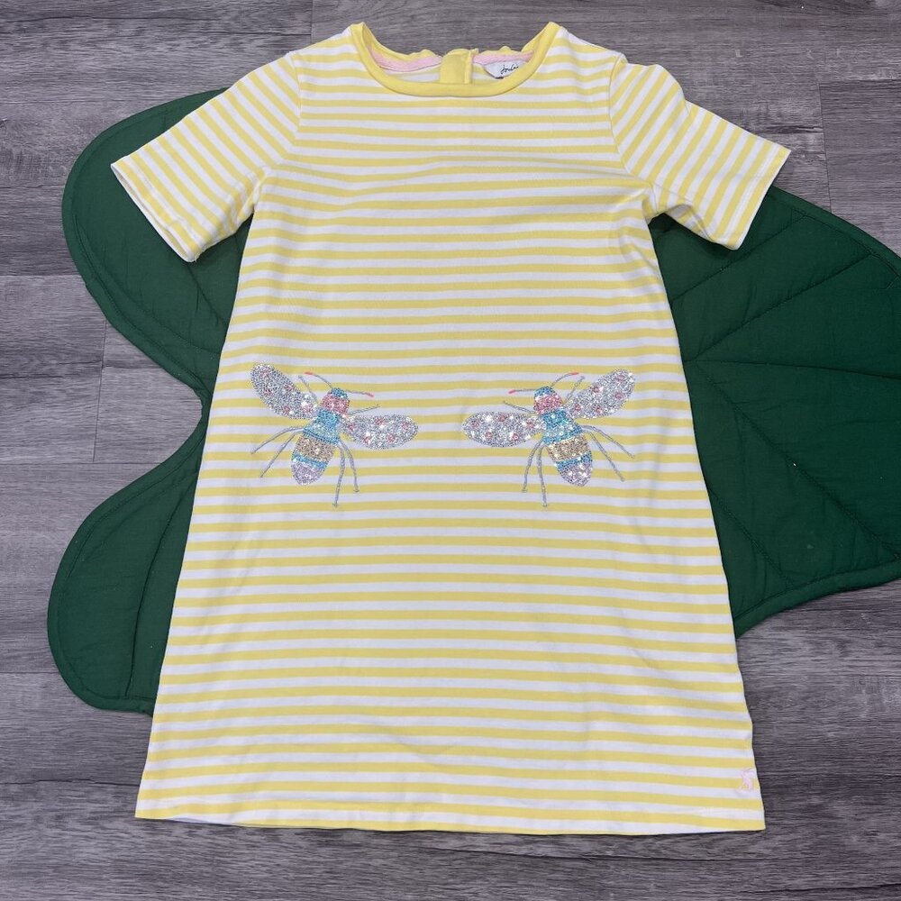 Joules Girls 11-12Y Yellow Striped Sequin Embellished Bug Short Sleeve Dress